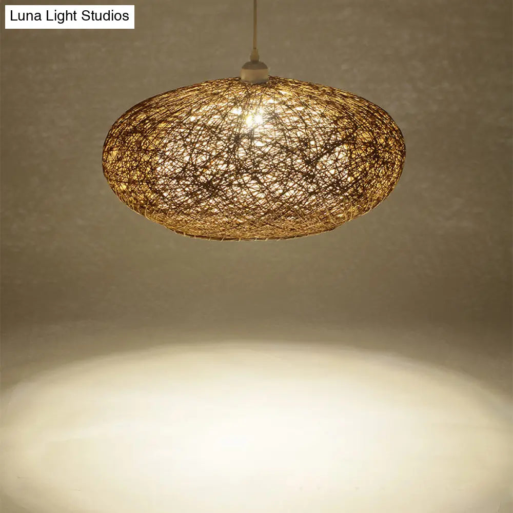 Modern Round Rattan Pendant Lamp In Dark Tan - Minimalist Tearoom Ceiling Light