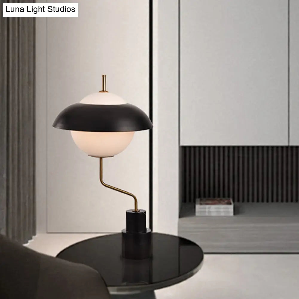 Modern Saucer Metallic Table Light - Black Desk Lamp With Opal Glass Shade For Living Room