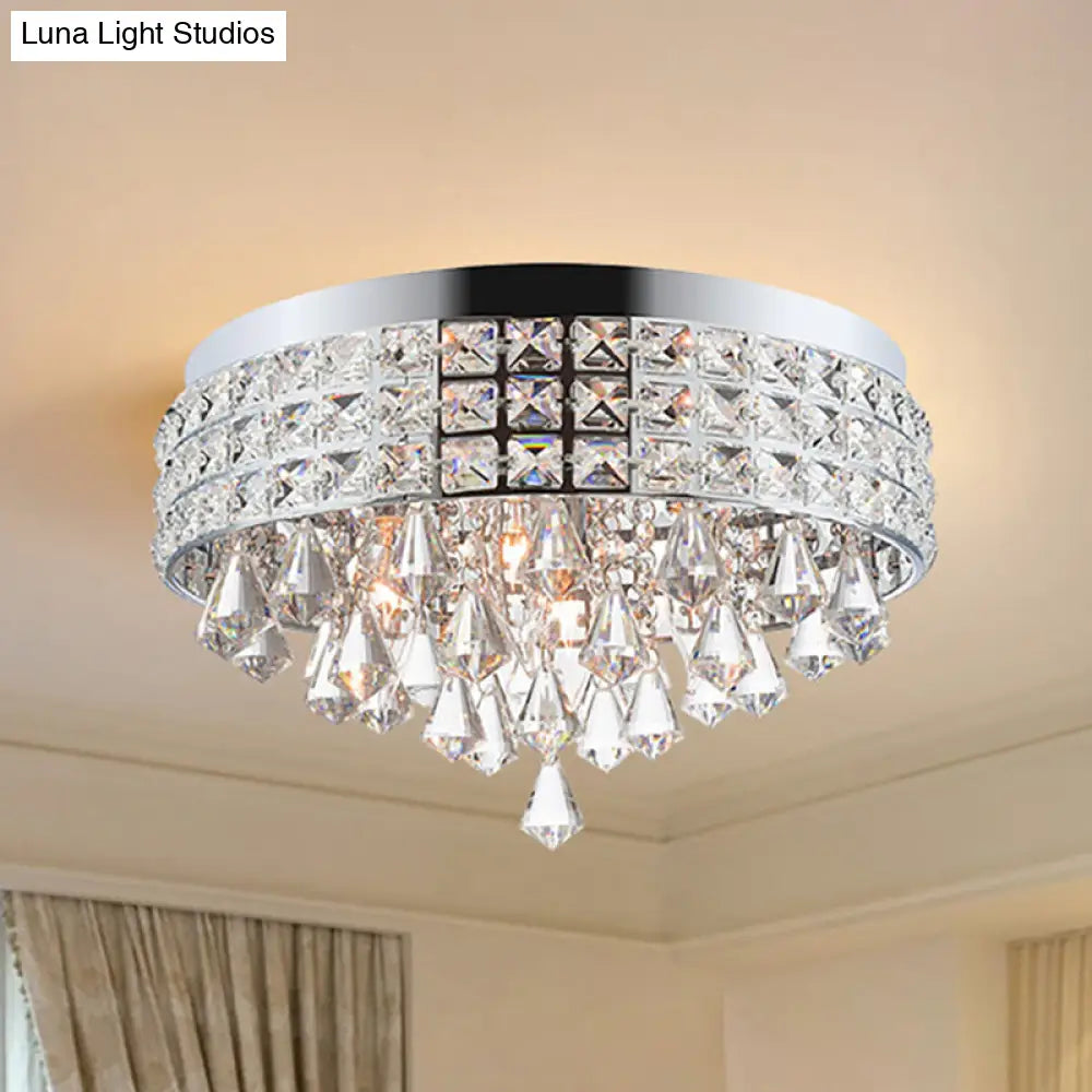 Modern Silver Drum Flush Mount Light With Crystal Accents - 4-Light Bedroom Ceiling Fixture