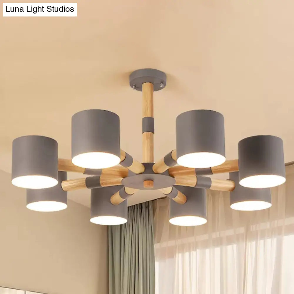 Modern Snowflake Hanging Light: Drum Shade Macaron Wood Chandelier For Living Room