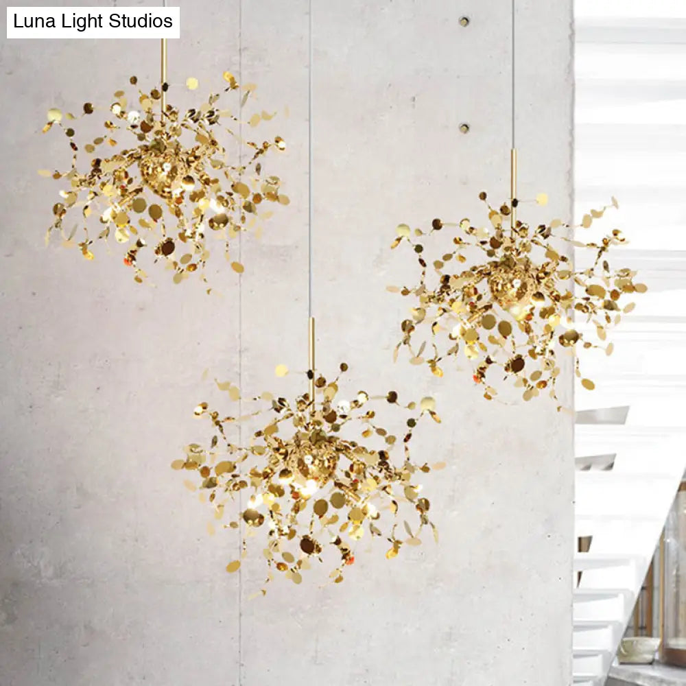 Modern Stainless Steel Leaf Pendant Light - Sequin Chandelier (3-Light) For Clothing Store