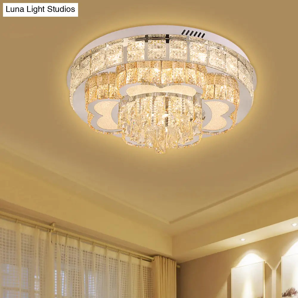Modern Stainless Steel Led Flushmount Ceiling Light With Cut Crystal Floral Design