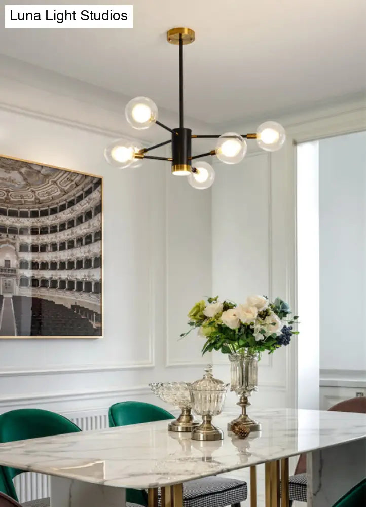 Modern Starburst Hanging Chandelier Light For Living Room - Clear Globe Glass Ceiling Pendant