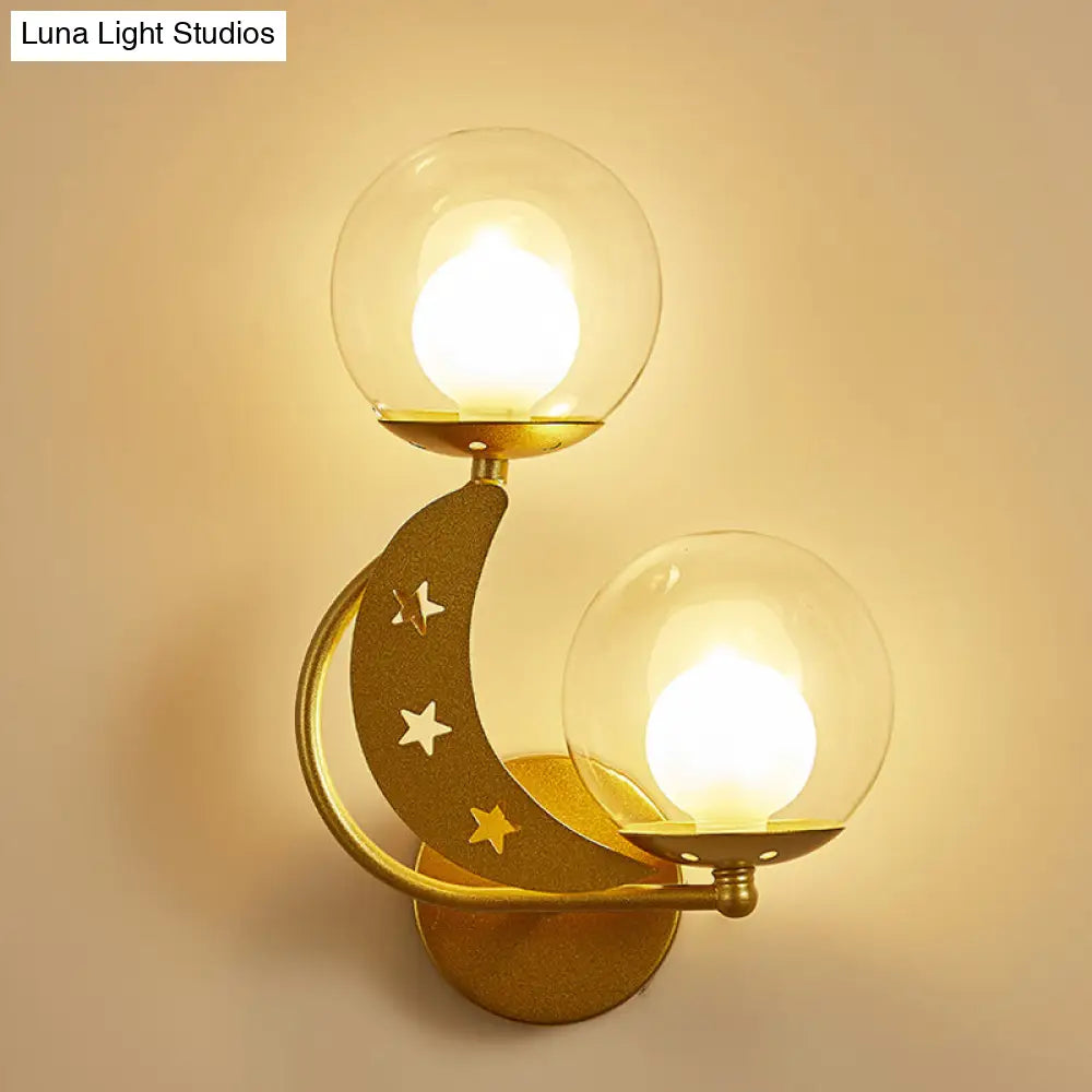 Modern Style Black/Gold Ball Wall Sconce: 2-Light Clear Glass Mount Lamp Kit