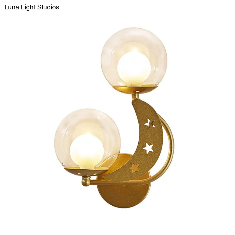 Modern Style Black/Gold Ball Wall Sconce: 2-Light Clear Glass Mount Lamp Kit