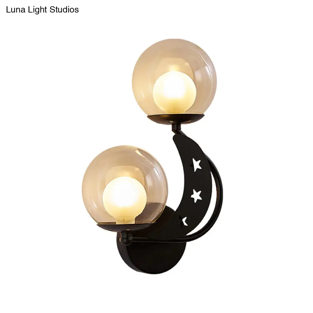 Modern Style Black/Gold Ball Wall Sconce: 2-Light Clear Glass Mount Lamp Kit