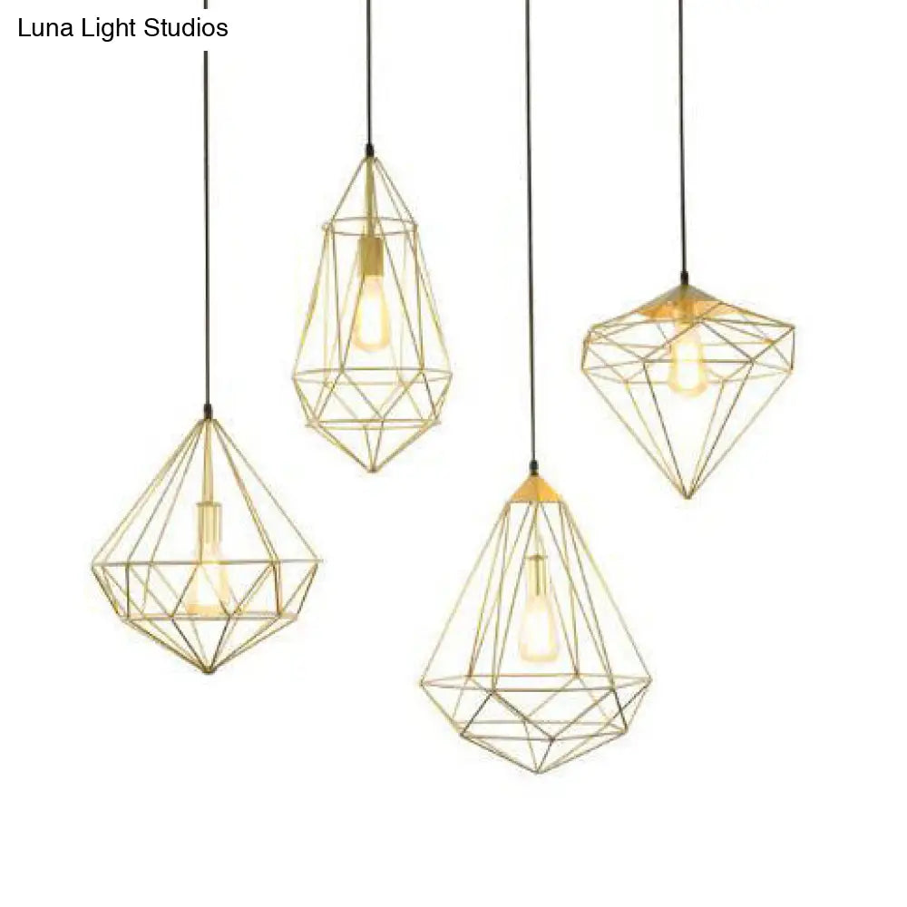 Modern Style Gold Metallic Prism Cage Pendant Light With Adjustable Cord - 1-Light Suspension Lamp