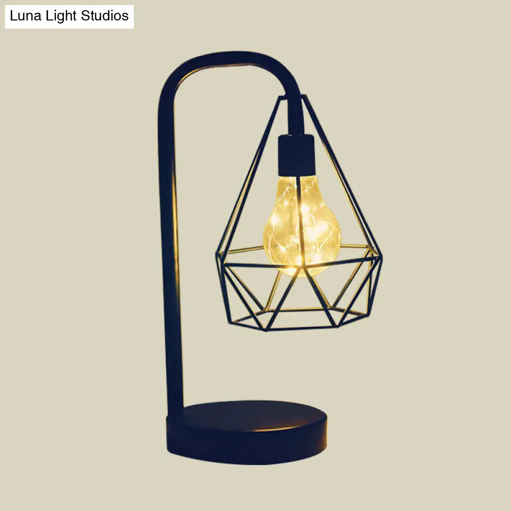 Modern Teardrop/Ball Cage Dangling Plug-In Table Light With Gooseneck Arm - Black Led Nightstand