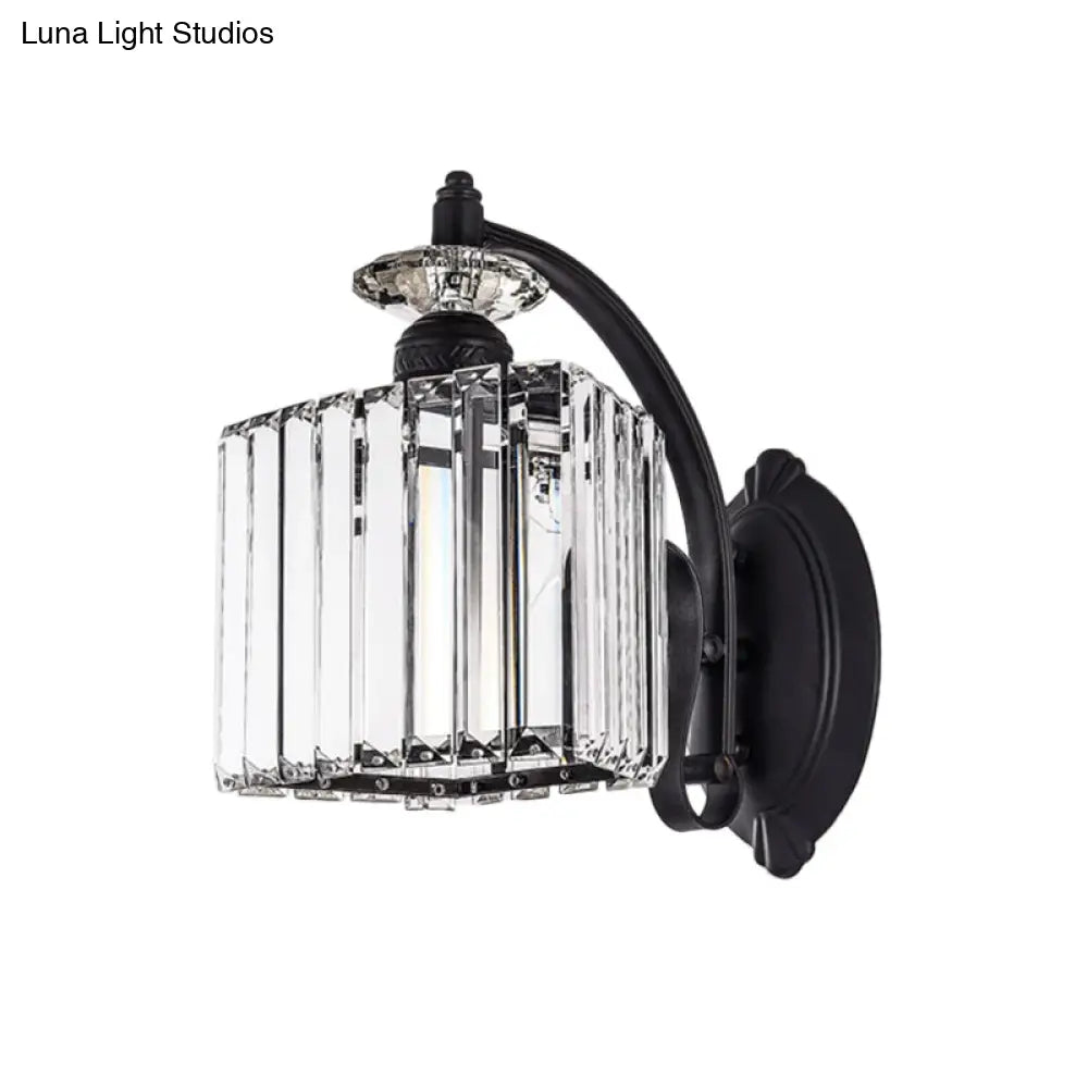 Modern Trapezoid Crystal Wall Light With Curved Arm For Living Room - Black Sconce Lamp
