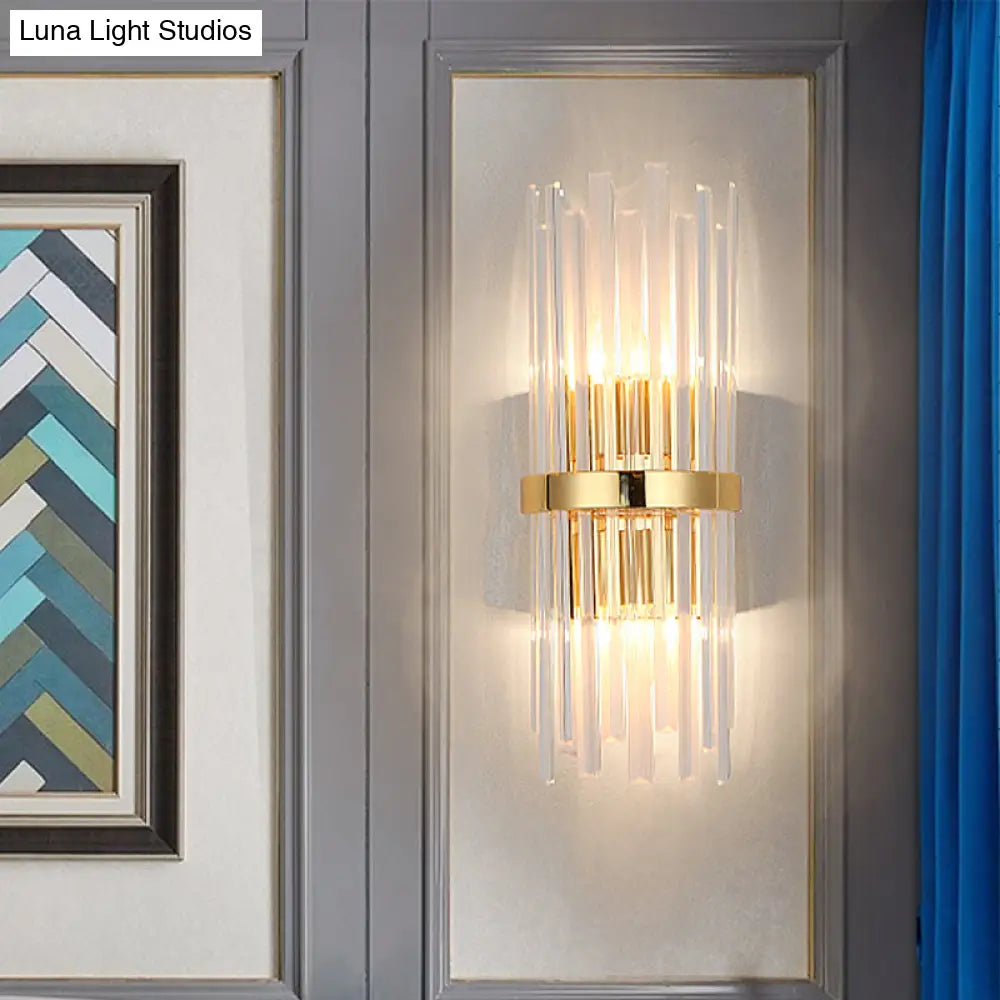 Modern Tri-Sided Crystal Rod Wall Light Fixture - Gold Sconce With Cylinder Design Dual Head