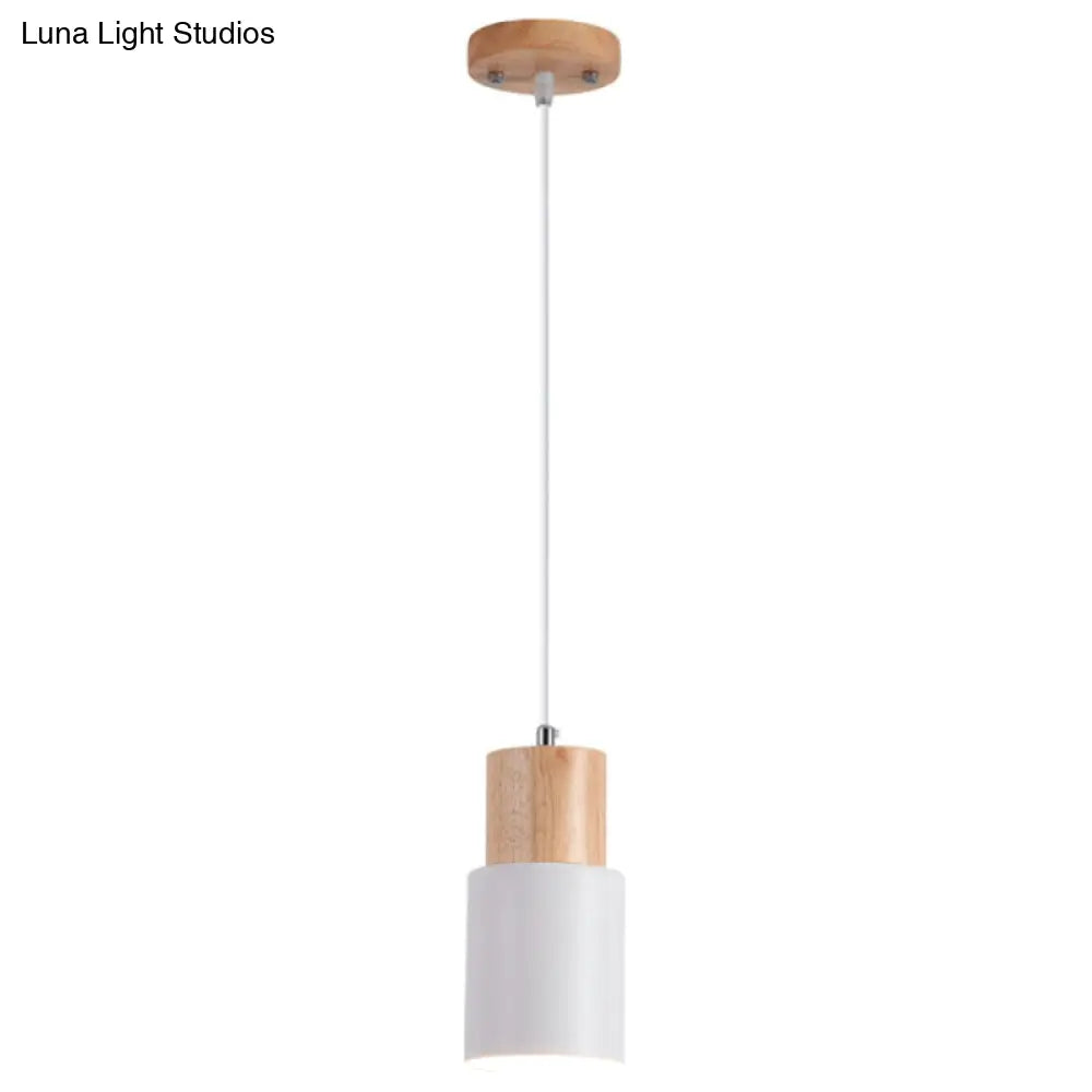 Modern Tubular Pendant Spotlight: Metal 1-Light Bedside Hanging Lamp With Wooden Top
