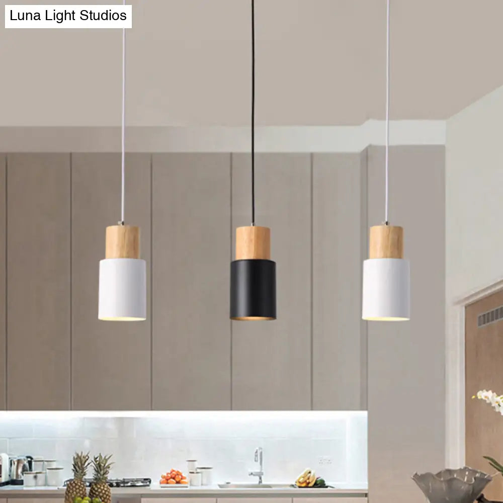 Modern Tubular Pendant Spotlight: Metal 1-Light Bedside Hanging Lamp With Wooden Top