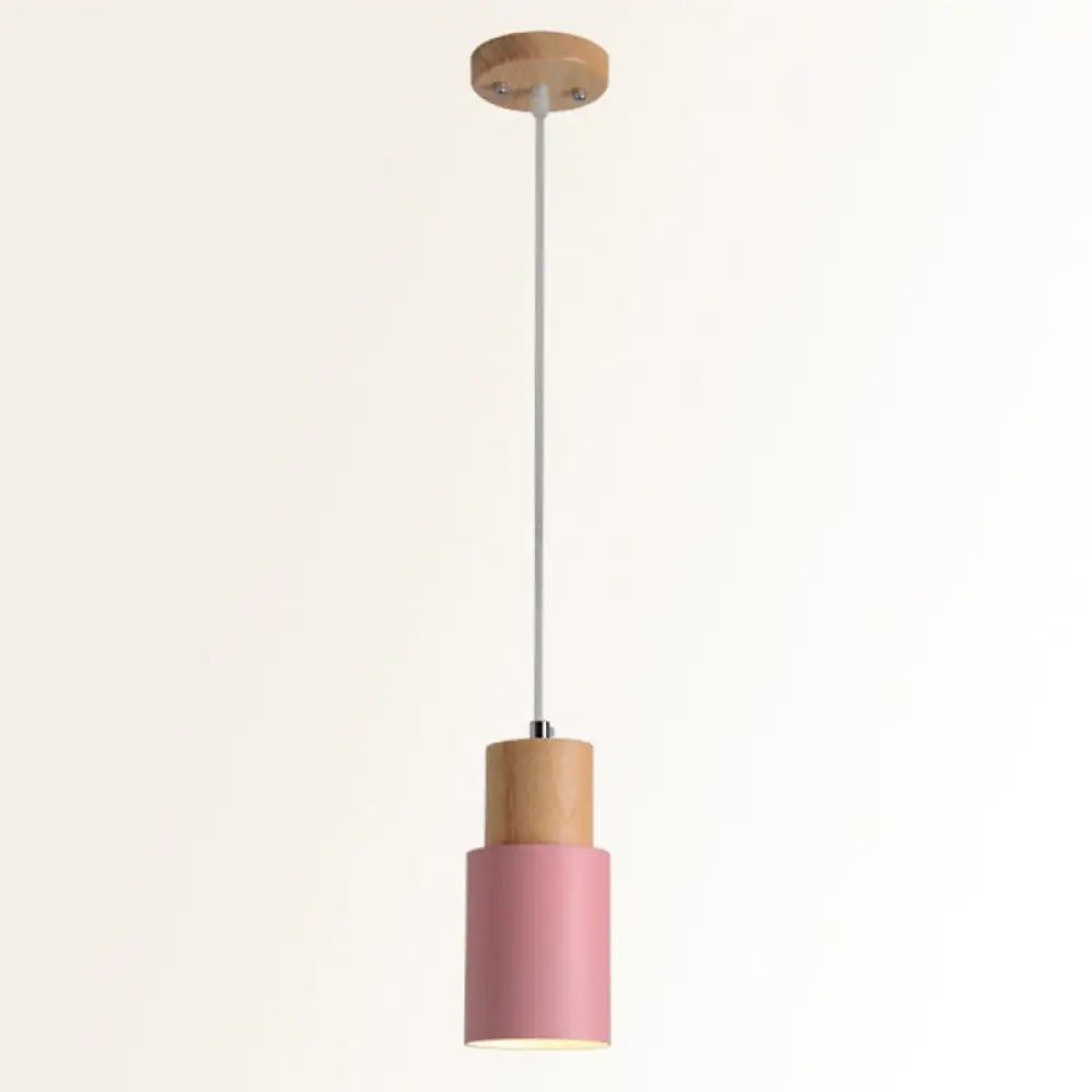 Modern Tubular Pendant Spotlight: Metal 1-Light Bedside Hanging Lamp With Wooden Top Pink