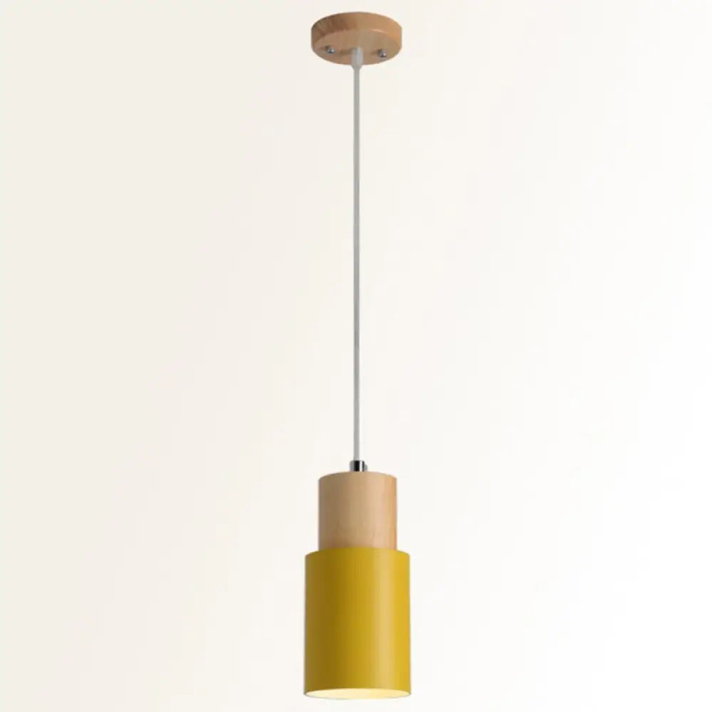 Modern Tubular Pendant Spotlight: Metal 1-Light Bedside Hanging Lamp With Wooden Top Yellow