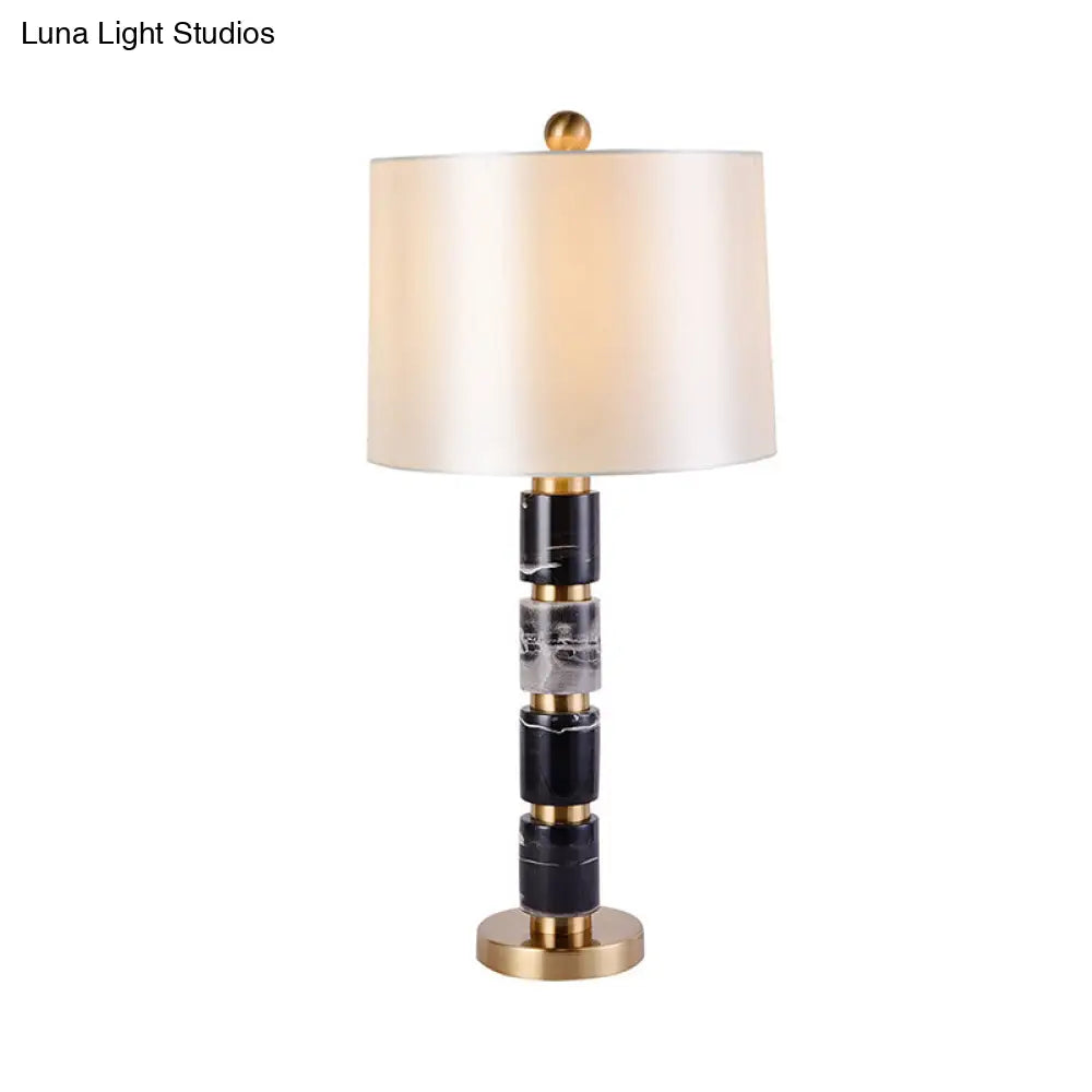 Modern White Barrel Nightstand Lamp With Fabric Shade - 1 Bulb Reading Light