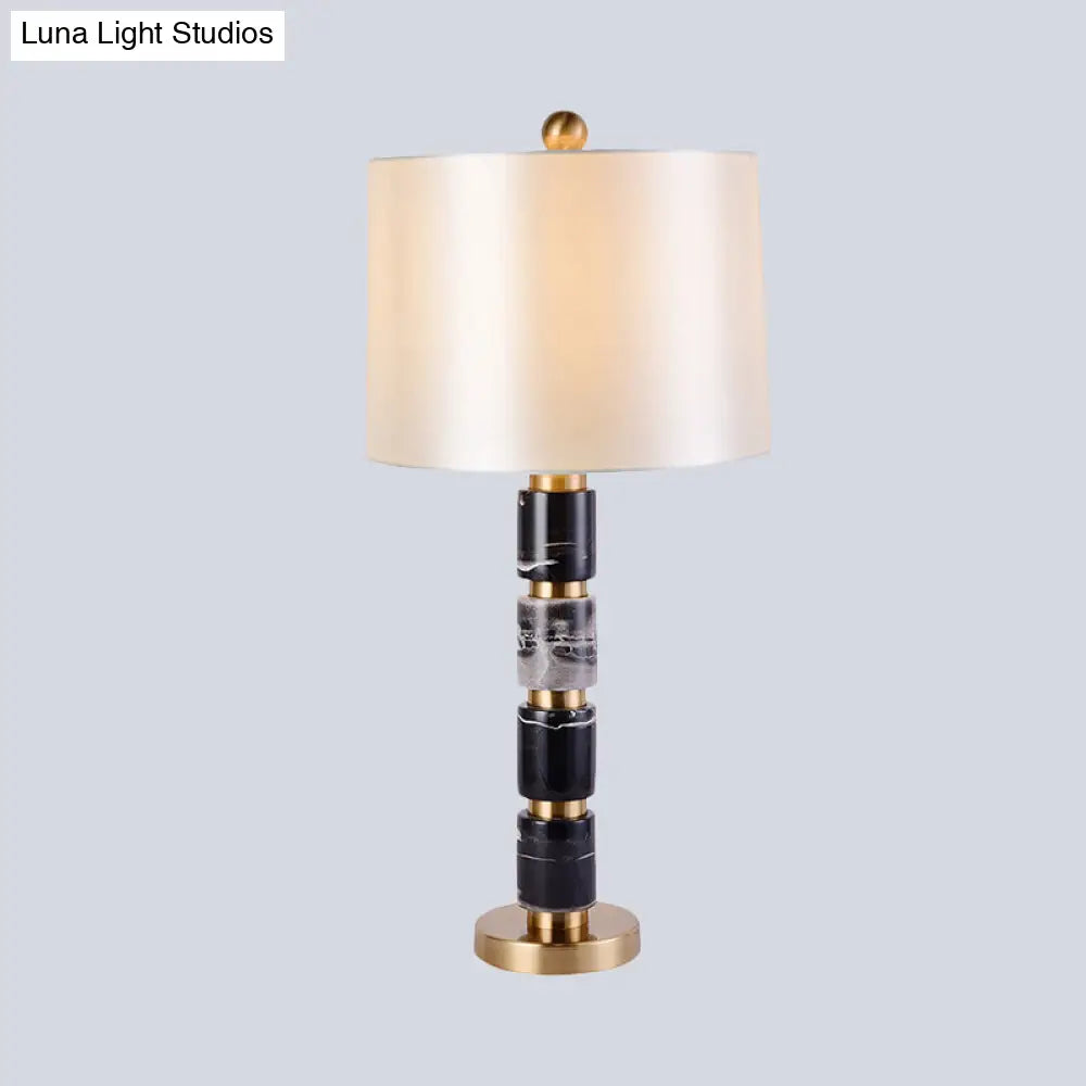 Modern White Barrel Nightstand Lamp With Fabric Shade - 1 Bulb Reading Light