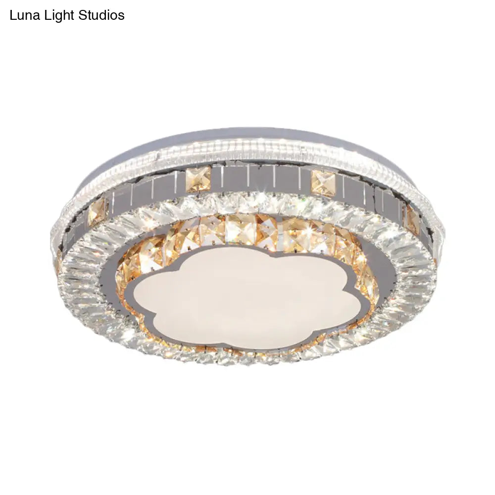 Modern White Crystal Flush Mount Ceiling Light With Led And Trellis/Flower Cut Design