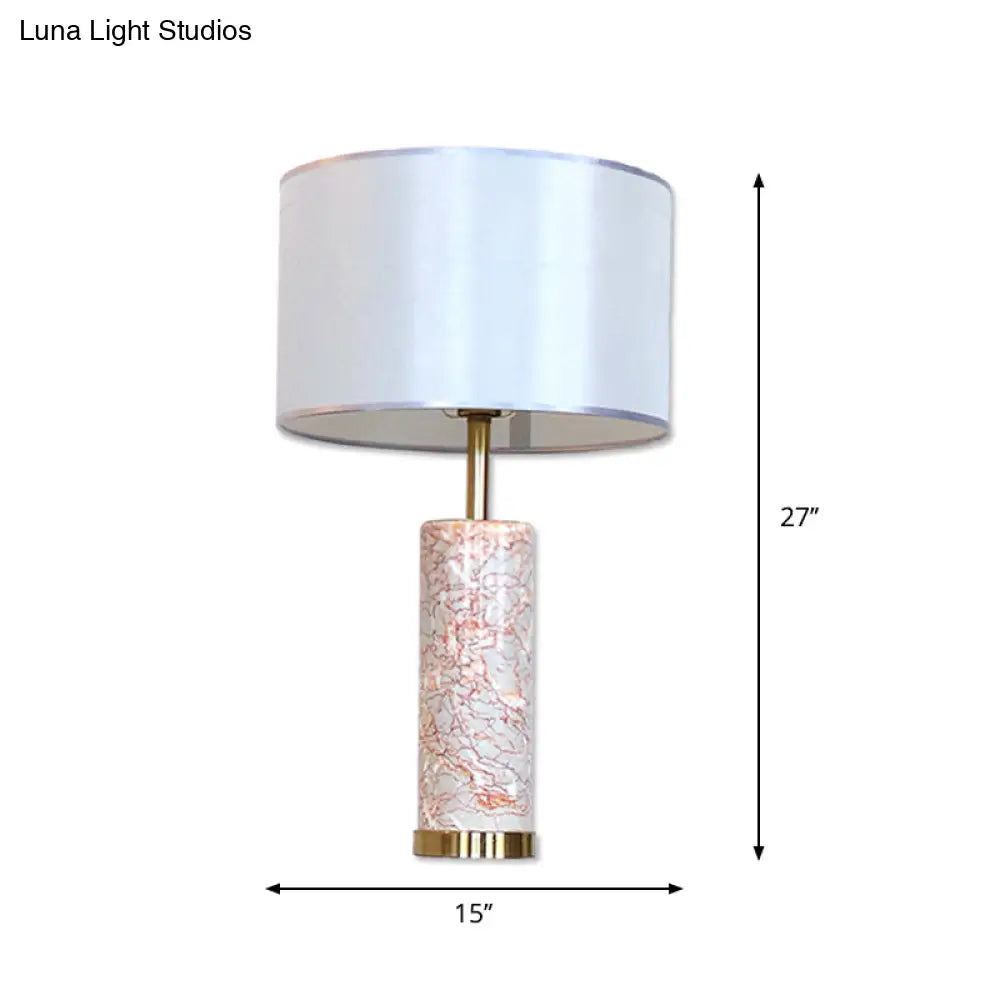 Modern White Fabric Drum Table Light With Agate Red Marble Base - 1 Head Night Lamp