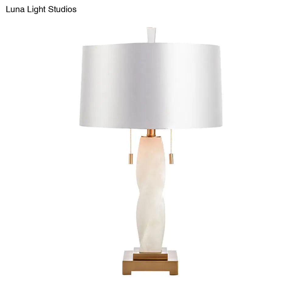 Modern White Fabric Night Table Lamp With Pull Chain - 2 Heads Cylindrical Desk Light