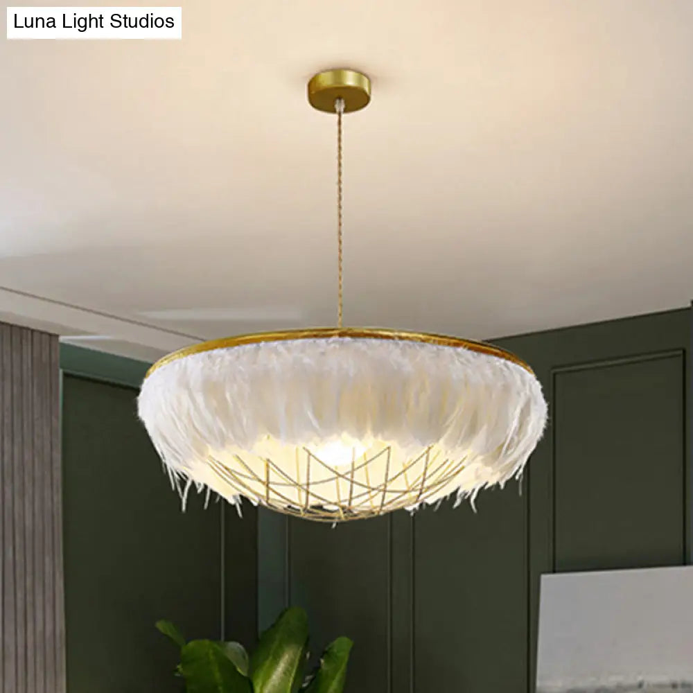 Modern White Feather Chandelier Light - 2 Head Copper Down Lighting with Wire Cage 16’’/19.5’’/23.5’’ Wide