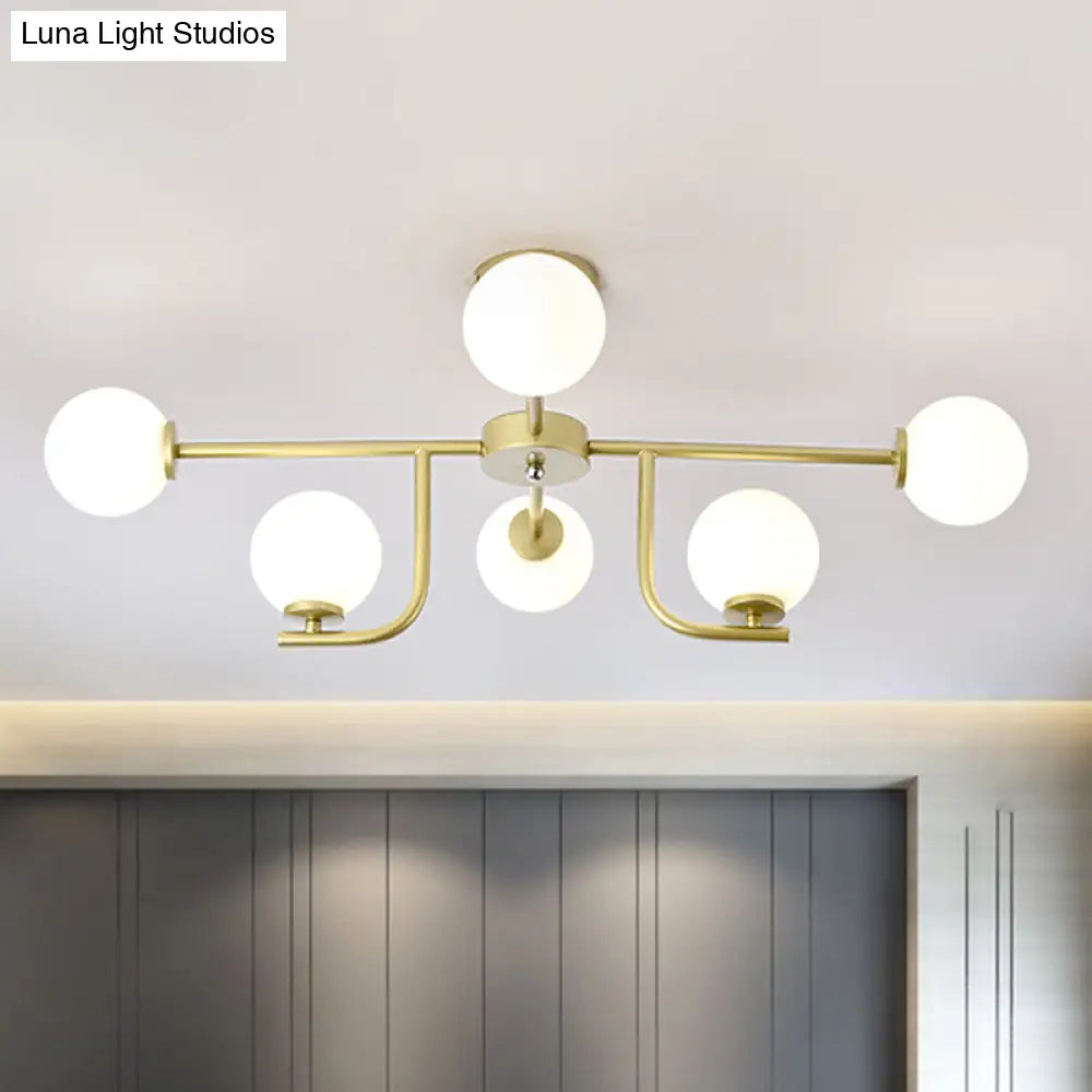 Modern White Glass Semi Flush Mount Ceiling Fixture With Gold Accents - 6 Bulbs