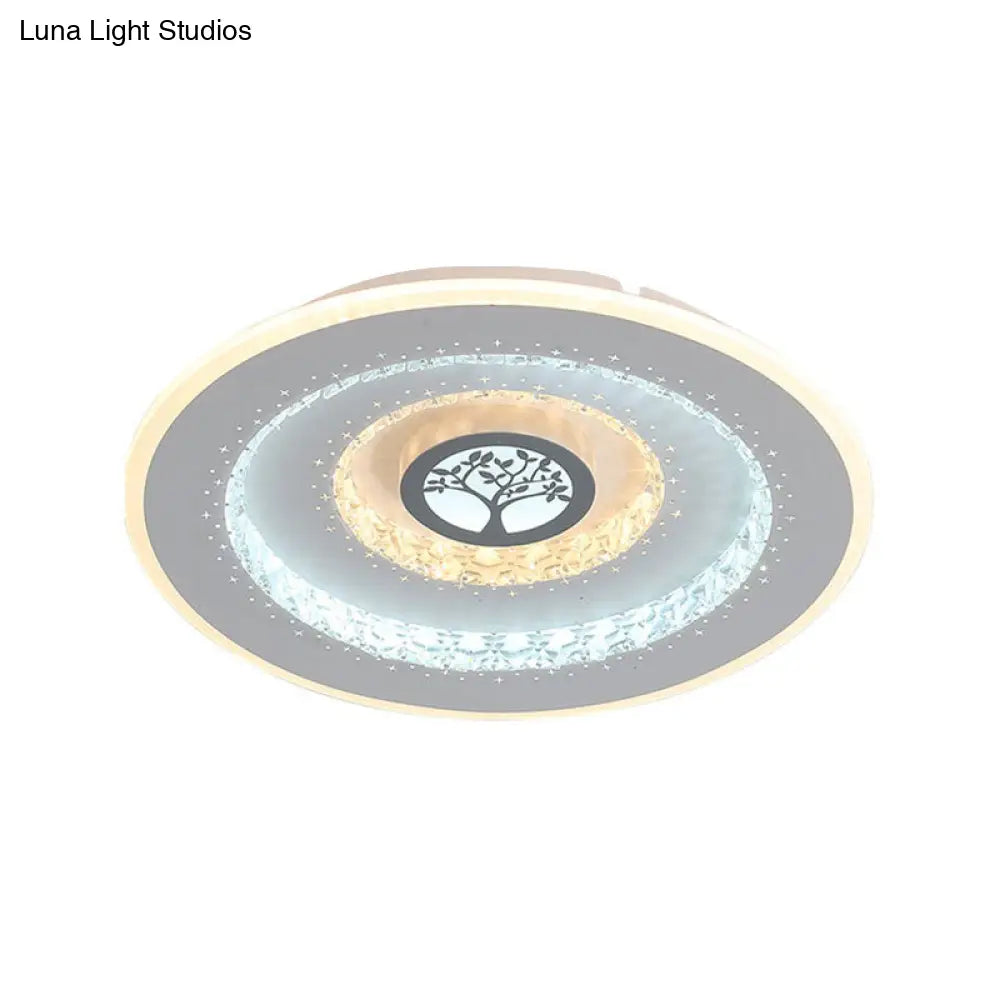 Modern White Round Crystal Led Ceiling Light With Tree Pattern - Flushmount Lighting In White/Warm