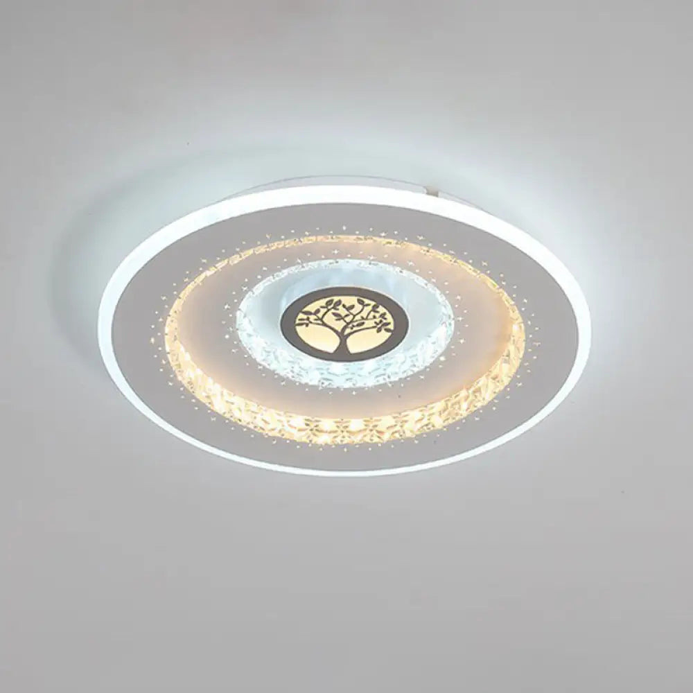 Modern White Round Crystal Led Ceiling Light With Tree Pattern - Flushmount Lighting In White/Warm /