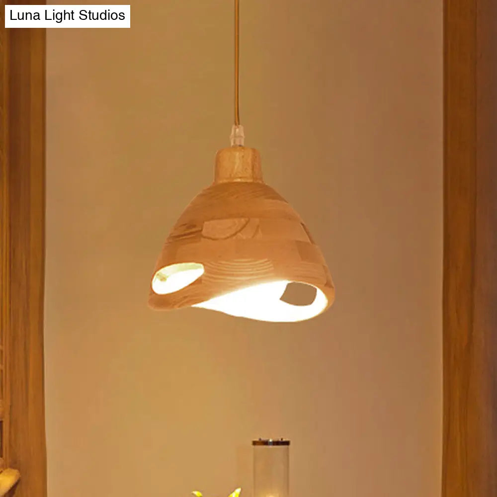 Modern Wood Shade Pendant Light Fixture With Flared Beige Design