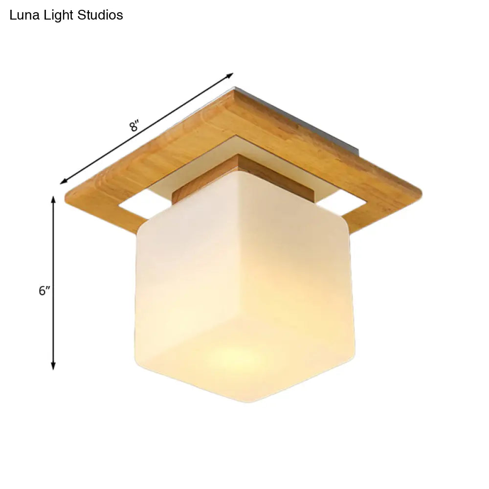 Modern Wood Square Semi Flush Mount Light With Milk Glass Shade