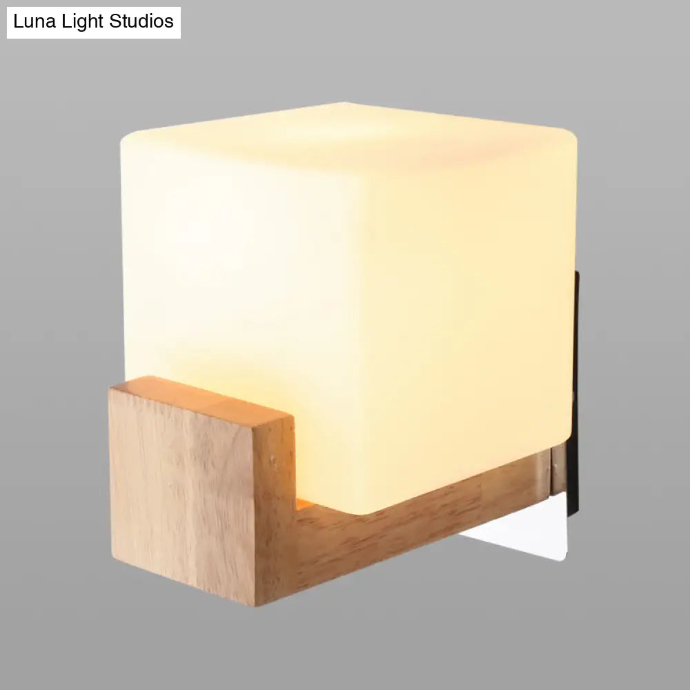 Modern Wood Square Wall Sconce With White Glass Shade: Single Head Mounted Light
Note: While