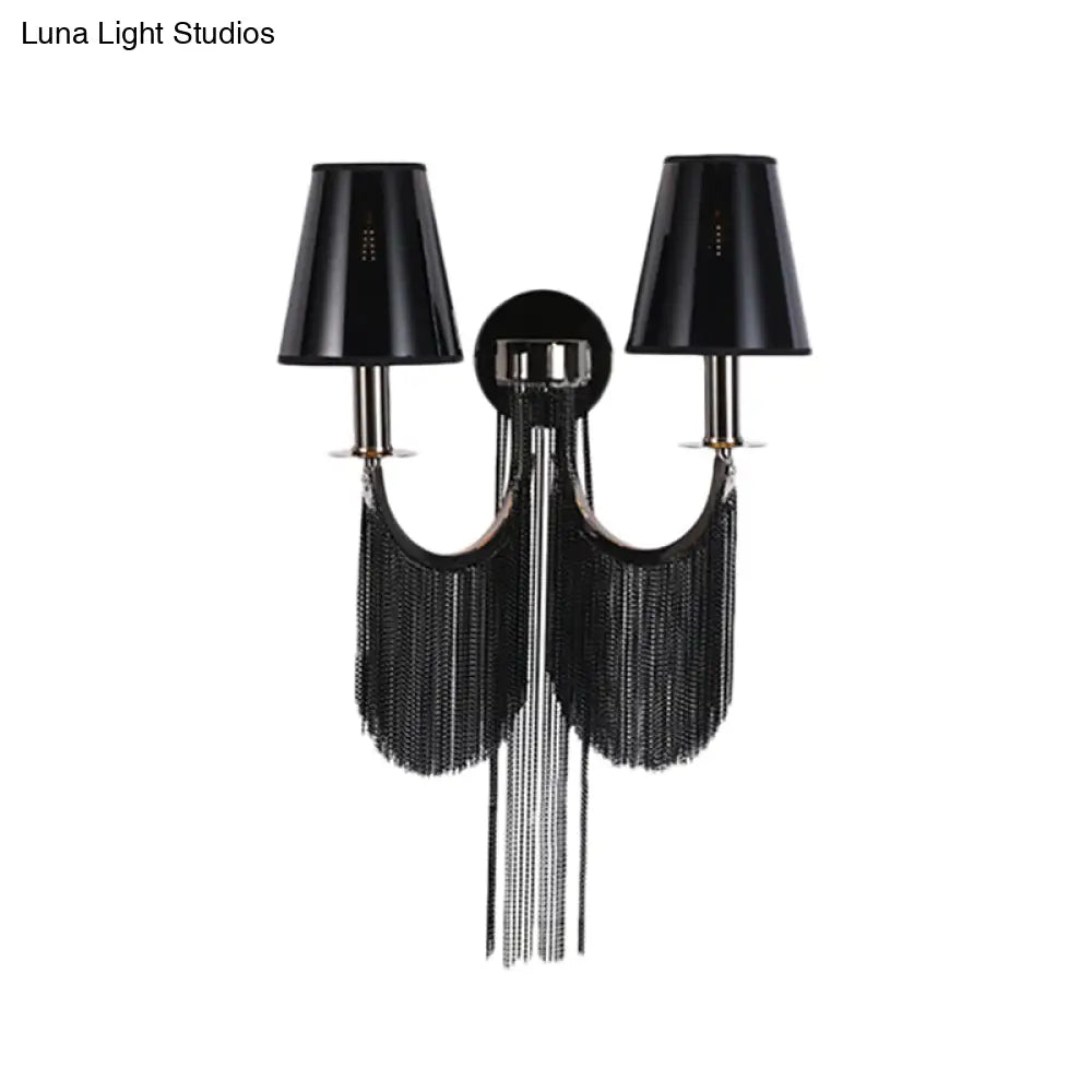 Modernist 2-Light Plastic Cone Shade Wall Sconce With Aluminum Tassel In Black/Silver