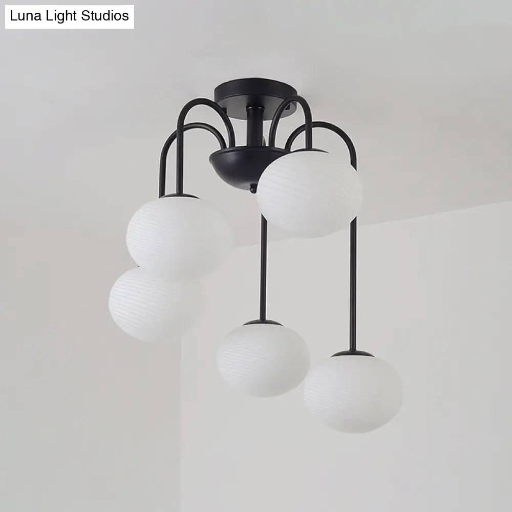 Modernist 5-Light Ceiling Mounted Semi Flush Mount With Frosted Glass Shade In Black/White Finish