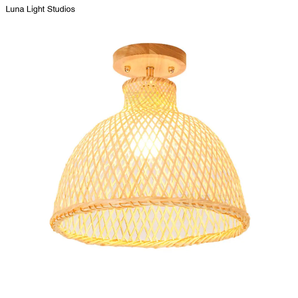 Modernist Bamboo Ceiling Mounted Semi Flush Light Fixture For Living Room - Wood Finish