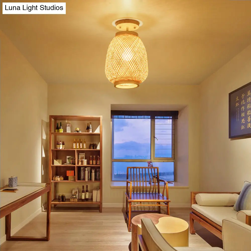 Modernist Bamboo Ceiling Mounted Semi Flush Light Fixture For Living Room - Wood Finish