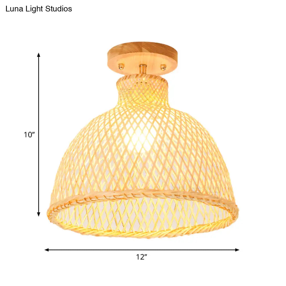 Modernist Bamboo Ceiling Mounted Semi Flush Light Fixture For Living Room - Wood Finish