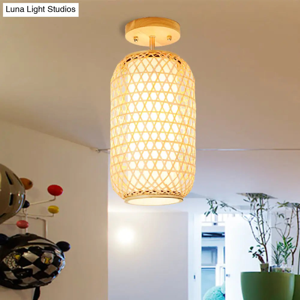 Modernist Bamboo Ceiling Mounted Semi Flush Light Fixture For Living Room - Wood Finish