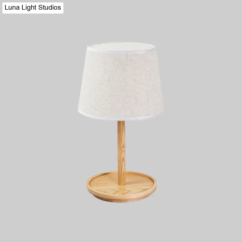 Modernist Barrel Task Lamp: 1-Bulb White Table Light With Beige Wood Base