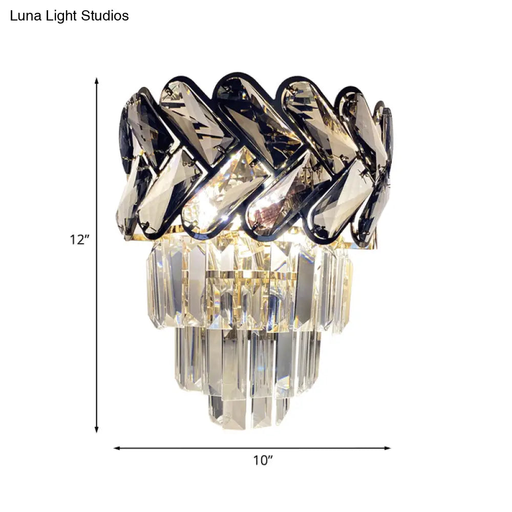 Modernist Black Crystal Flush Wall Sconce With 2 Lights - Elegant Family Room Light Fixture