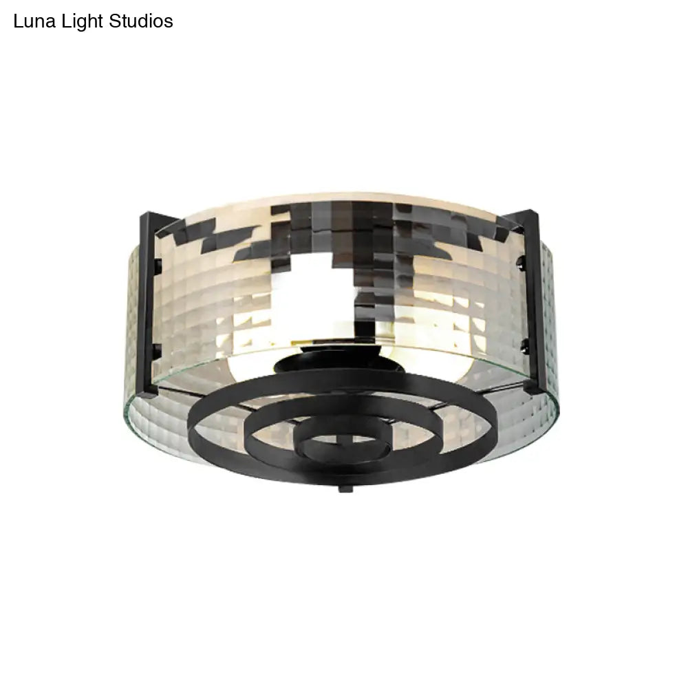 Modernist Black Glass Round Flushmount - Clear Trellis/Stripe 3 Bulbs Bedroom Flush Mounted Light