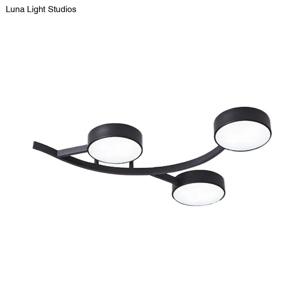 Modernist Black Led Semi - Flush Mount Ceiling Fixture With Metallic Small Drum And Branch Design