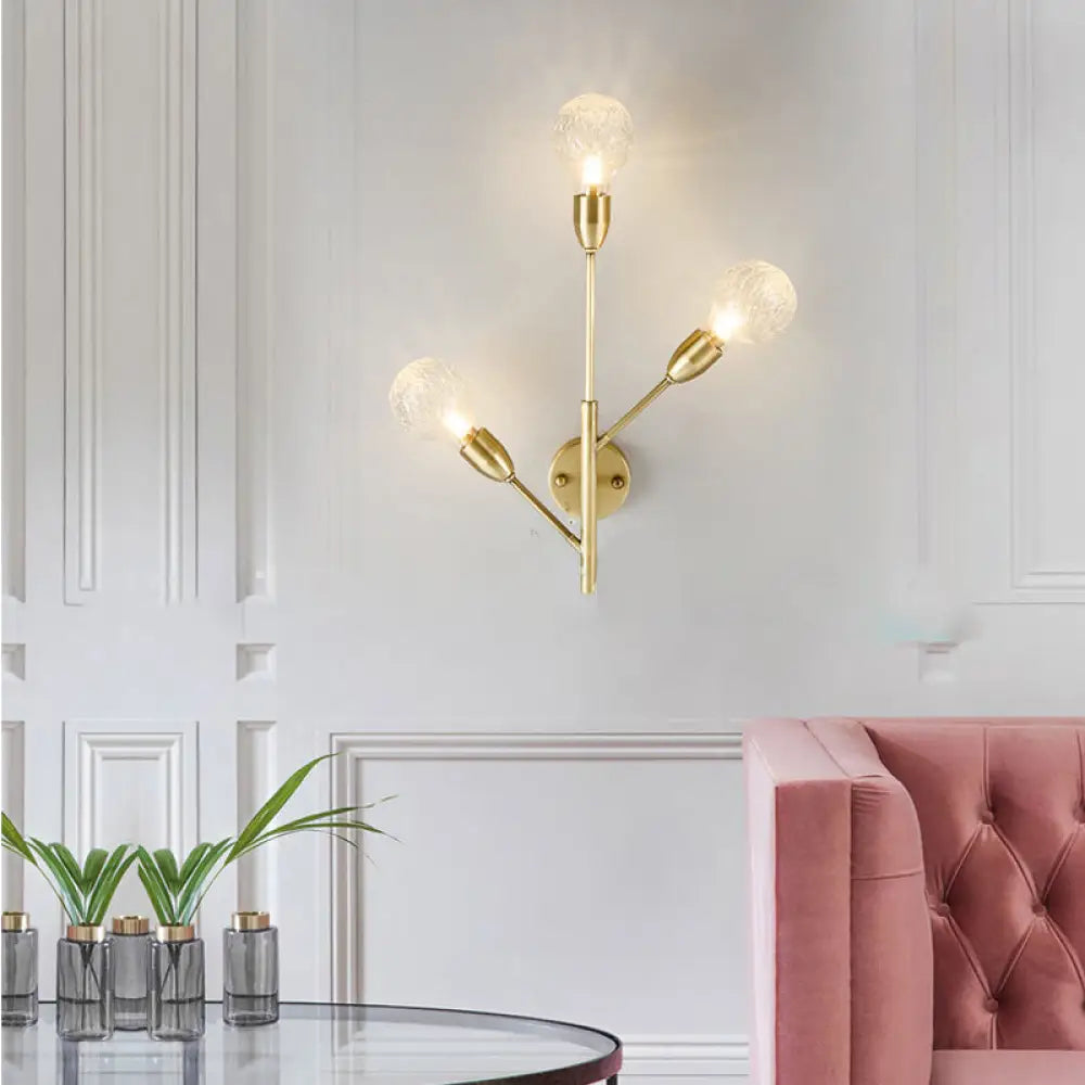 Modernist Brass Armed Sconce Lamp Wall Mount Light Fixure With Prismatic Glass Ball Shade - 3 Bulbs