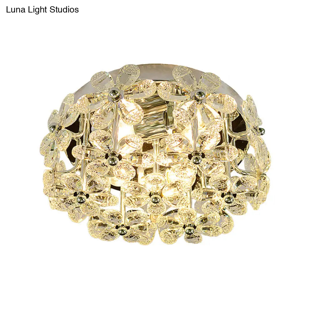 Modernist Chrome Blossom Flush Mount Lighting - 4 Bulbs Clear/Amber Crystal Ceiling Light