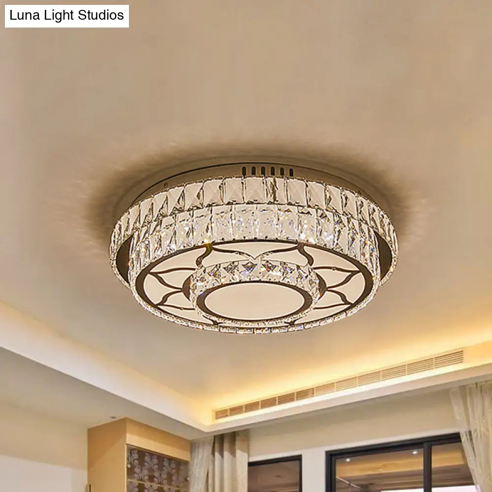 Modernist Chrome Led Ceiling Lamp With Beveled Crystal For Sleeping Room