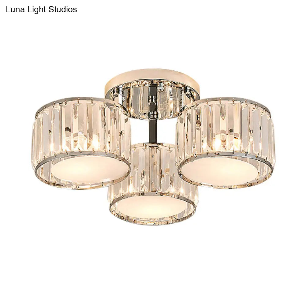 Modernist Crystal Drum Flush Mount Ceiling Lamp In Chrome Finish