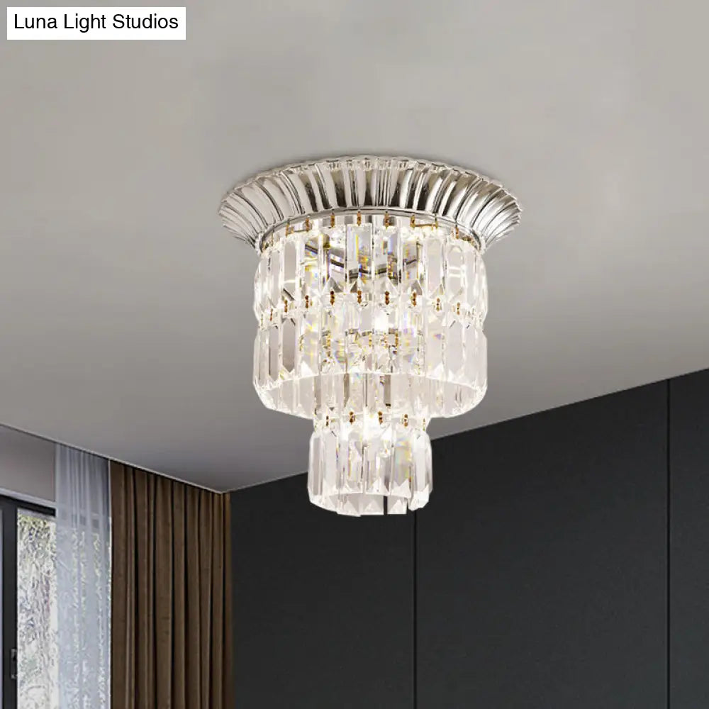 Modernist Crystal Dual Shade Led Flushmount Lamp - Chrome/Gold Cylindrical Ceiling Fixture