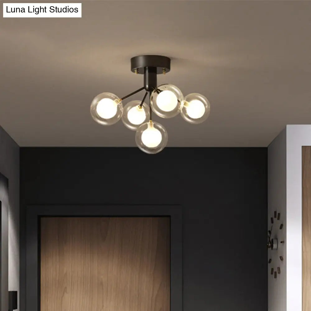 Modernist Dual Glass Molecular Semi-Flush Light With 5 Lights - Ideal For Corridors