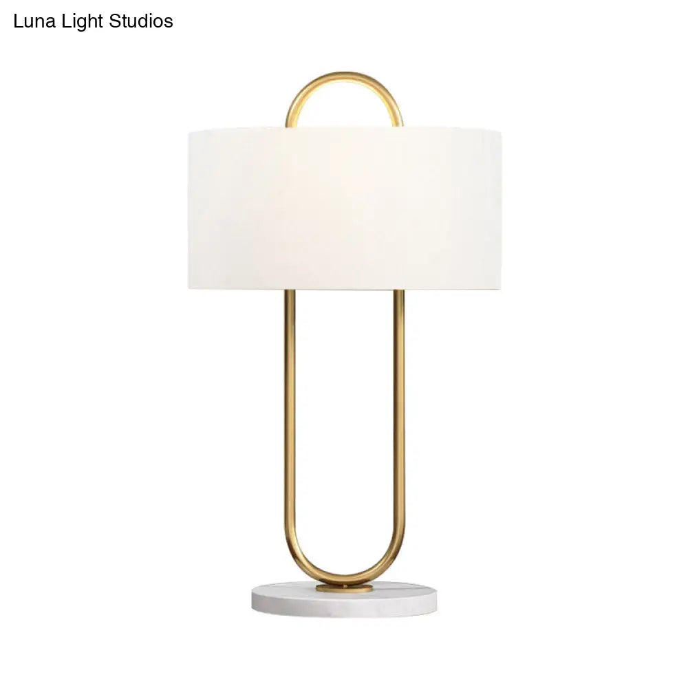 Modernist Fabric Table Lamp With Marble Base - Drum Task Lighting 1 Head 13/15 Wide White