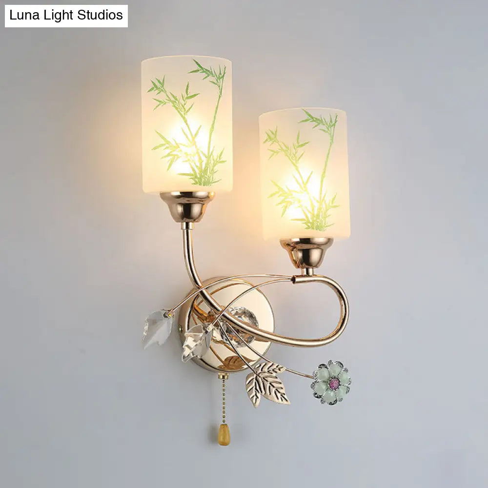 Modernist Glass Cylinder Sconce With 2 Lights And Gold Pull Chain - Wall Mounted Lamp