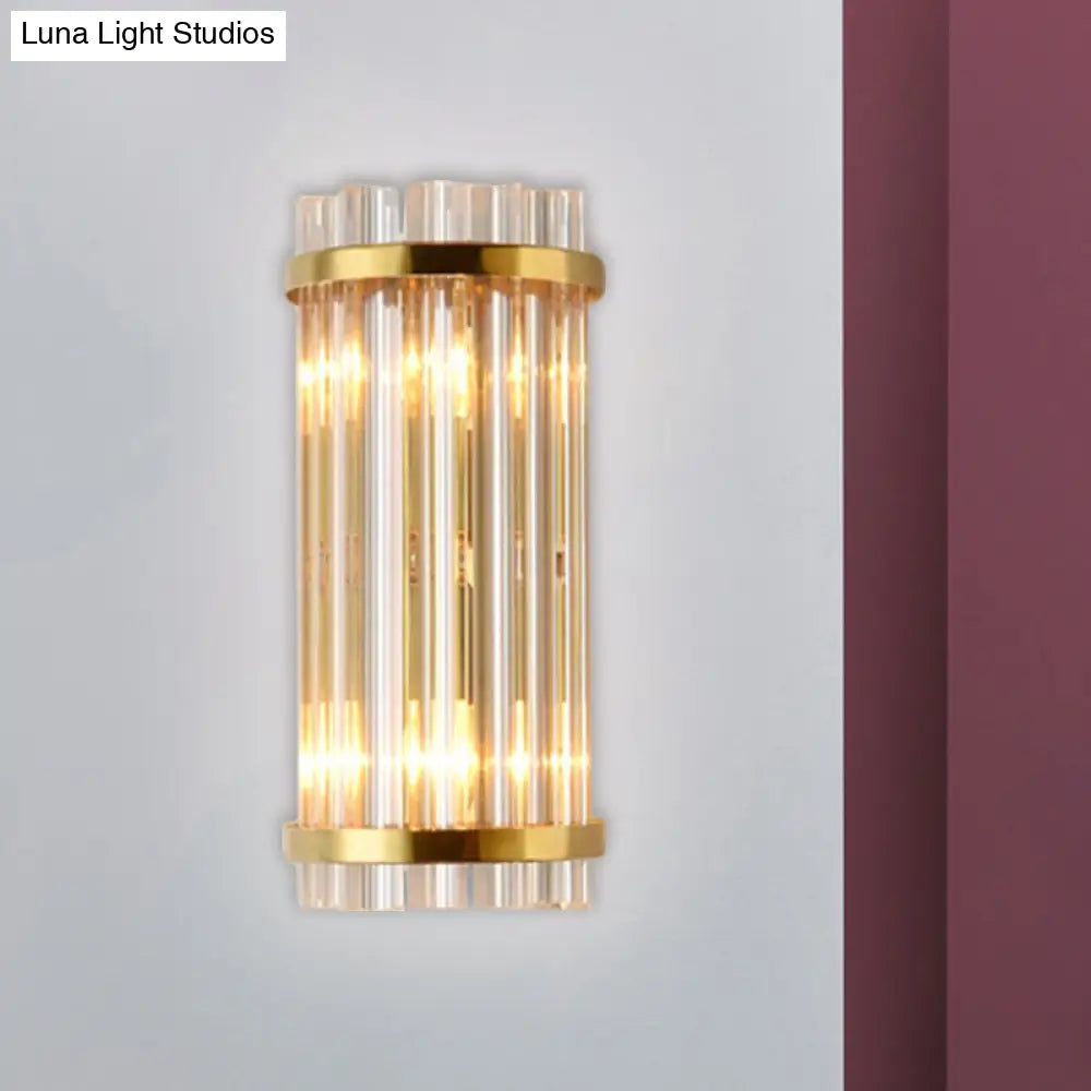 Modernist Gold Cylinder Wall Lamp With Crystal Rod Shade - 2 Lights Mount Lighting
