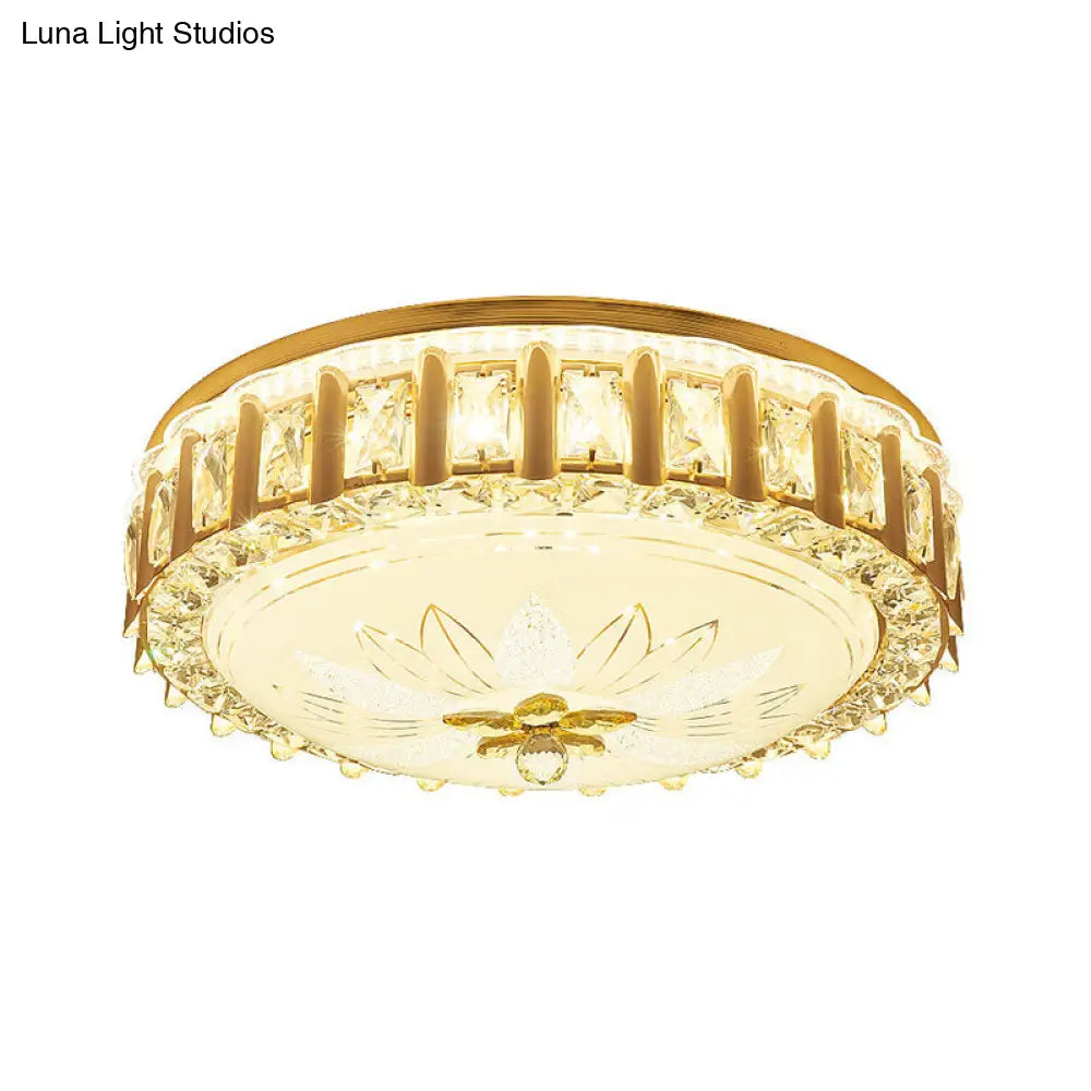 Modernist Gold Led Flush Mount Ceiling Light With Faceted Crystal Drum Shade - Bedroom Lighting